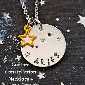 Constellation Necklace, Custom Made Zodiac Jewelry, Hand Stamped Horoscope Sign Necklace, New Age Astrological Handstamped Jewelry
