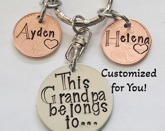 Grandpa Keychain, This Grandpa belongs to....Grandkids name, Father's Day Keychain, Hand Stamped Penny with Engraved Children's Names