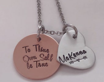 To Thine Own Self Be True Necklace, Hand Stamped Shakespeare Quote Jewelry, Mixed Metal, Stainless Steel, Literary Hamlet