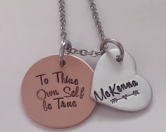 To Thine Own Self Be True Necklace, Hand Stamped Shakespeare Quote Jewelry, Mixed Metal, Stainless Steel, Literary Hamlet
