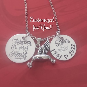 Cremation Urn Hummingbird Necklace, Now She Flies with Hummingbirds Memorial Necklace, Personalized Hand Stamped Mom Memorial