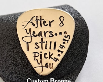 Bronze 8th Anniversary Gift - Hand Stamped Guitar Pick, Traditional 8 Year Anniversary Gift, Personalized Guitar Pick Leather Case Keychain