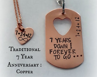 Copper 7th Anniversary Gift, Couples His Her Keychain & Necklace Set,  Hand Stamped Custom Keychain with Heart necklace, 7 Year Anniversary