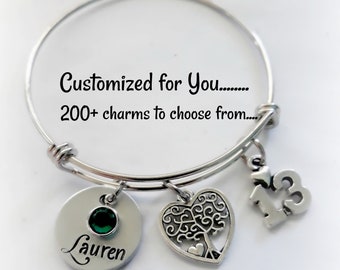 13th Birthday Bracelet, Swarovski Birthstone Expandable Bangle Bracelet, Hand Stamped Personalized Name Jewelry, 13 yrs, teenage girl gift