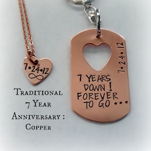 Copper 7th Anniversary Gift, Couples His Her Keychain & Necklace Set,  Hand Stamped Custom Keychain with Heart necklace, 7 Year Anniversary