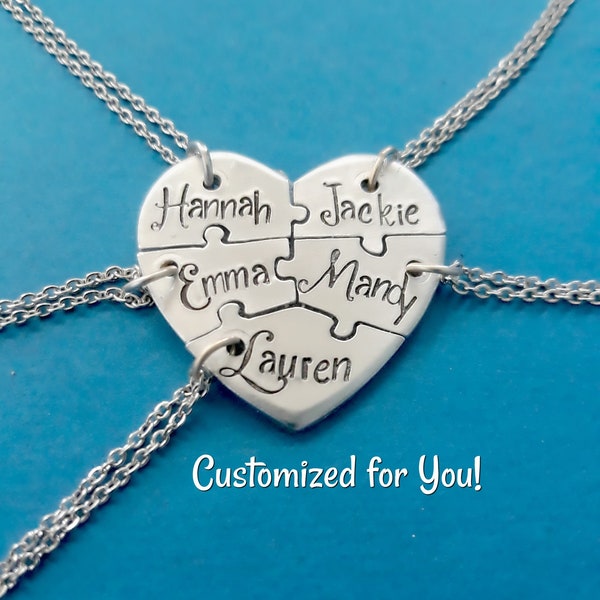 Heart puzzle 5 piece necklace Set,  Hand Stamped Five Best Friends BFF Name Necklaces, Personalized Bridesmaid Jewelry, Stainless Steel