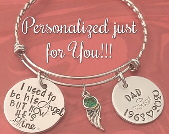 Dad Memorial Bracelet, I Used to be his Angel but now he's Mine, Hand Stamped Memorial Jewelry, Engraved Stainless Steel Expandable Bangle