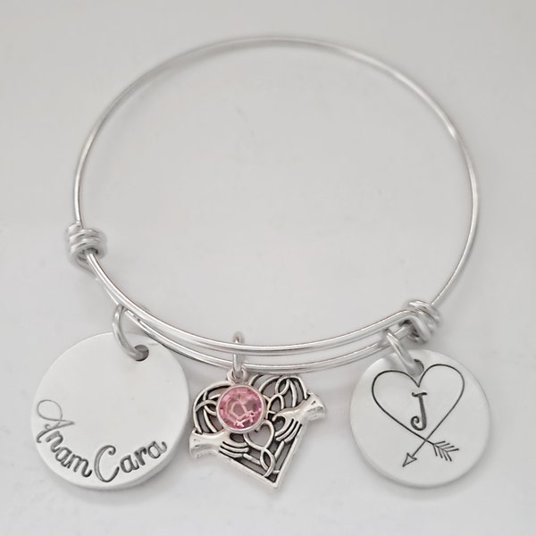 Anam Cara Charm Bracelet, Hand Stamped Celtic Soul Mate Necklace, Gaelic Soul Friend, Stainless Steel, Swarovski Birthstone Monogram Jewelry