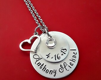 New Mommy Necklace, Personalized Hand Stamped Mother's Day Necklace, Custom stamped with name and date, New Mom Jewelry, First Mother's Day