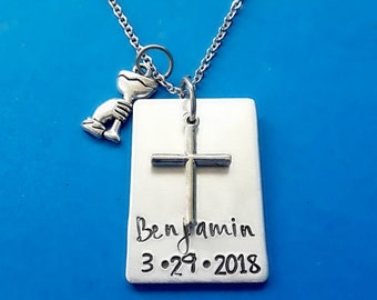 Personalized First Communion Necklace, Hand Stamped Confirmation Jewelry, Catholic Jewelry, 1st Communion Cross Necklace, Engraved Name