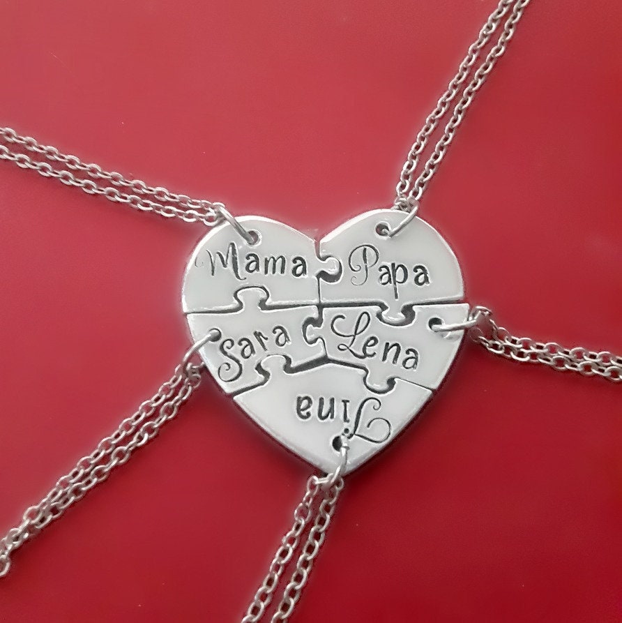 Heart Puzzle 5 Piece Necklace Set, Hand Stamped Five Best Heart Puzzle 5 Piece Necklace Set, Hand Stamped Five Best