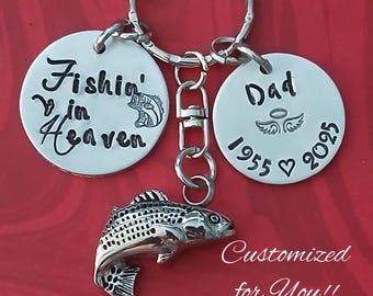 Fishing in Heaven Memorial Keychain, Fisherman Memorial, Personalized Dad Memorial Key Chain, Hand Stamped Fish Cremation Jewelry Urn