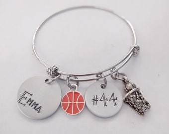 Personalized Basketball Bracelet, Hand Stamped Jewelry,  High School Basketball, Stainless Steel Bangle, Engraved Name Bracelet, Team Gift