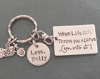 Hand Stamped Motorcycle Keychain, When Life Throws You a Curve Lean into It, Harley Davidson, Biker Key Chain, Biker Babe, Harley Mom