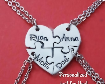 4 Personalized Heart Puzzle Necklace Set, Four Piece Heart Puzzle Piece Name Necklaces, Hand Stamped BFF Friend Jewelry,Bridesmaid Jewelry