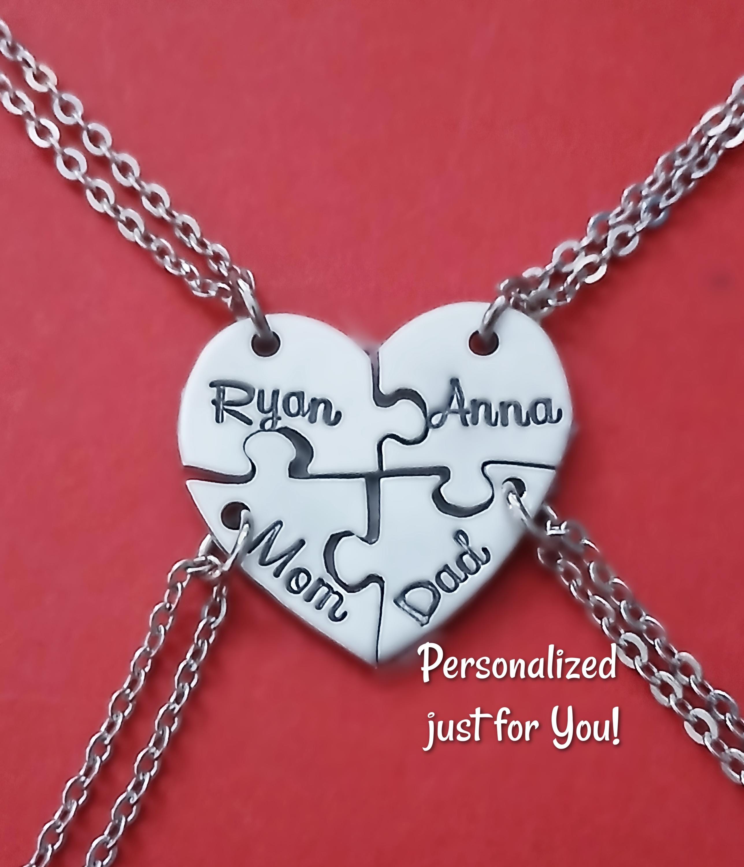 4 Personalized Heart Puzzle Necklace Set, Four Piece Heart Puzzle