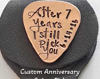 7th Anniversary Gift - Copper, Personalized Hand-Stamped Guitar Pick w Black Leather Key Chain Case, Copper Anniversary Gift, Seven,  22 Yrs