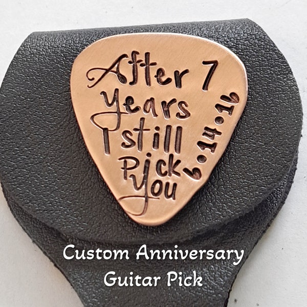 7th Anniversary Gift - Copper, Personalized Hand-Stamped Guitar Pick w Black Leather Key Chain Case, Copper Anniversary Gift, Seven,  22 Yrs