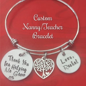 Personalized Nanny Bracelet, Thank You For Helping Me Grow Personalized Bangle, Gift for Mentor, Preschool Teacher, Babysitter Gift, Jewelry