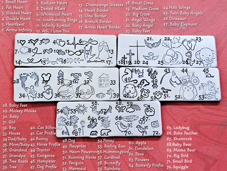 May include: A sheet of metal stamps with various designs, including hearts, animals, and symbols. The stamps are arranged in rows and numbered 1 through 72. The sheet is on a red background.