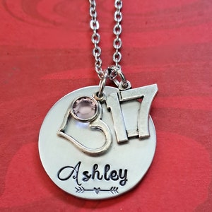 Personalized 17th Birthday Necklace, Swarovski Birthstone Name Necklace, Engraved, Handstamped, Hand Stamped Jewelry, Stainless Steel