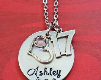 Personalized 17th Birthday Necklace, Swarovski Birthstone Name Necklace, Engraved, Handstamped, Hand Stamped Jewelry, Stainless Steel