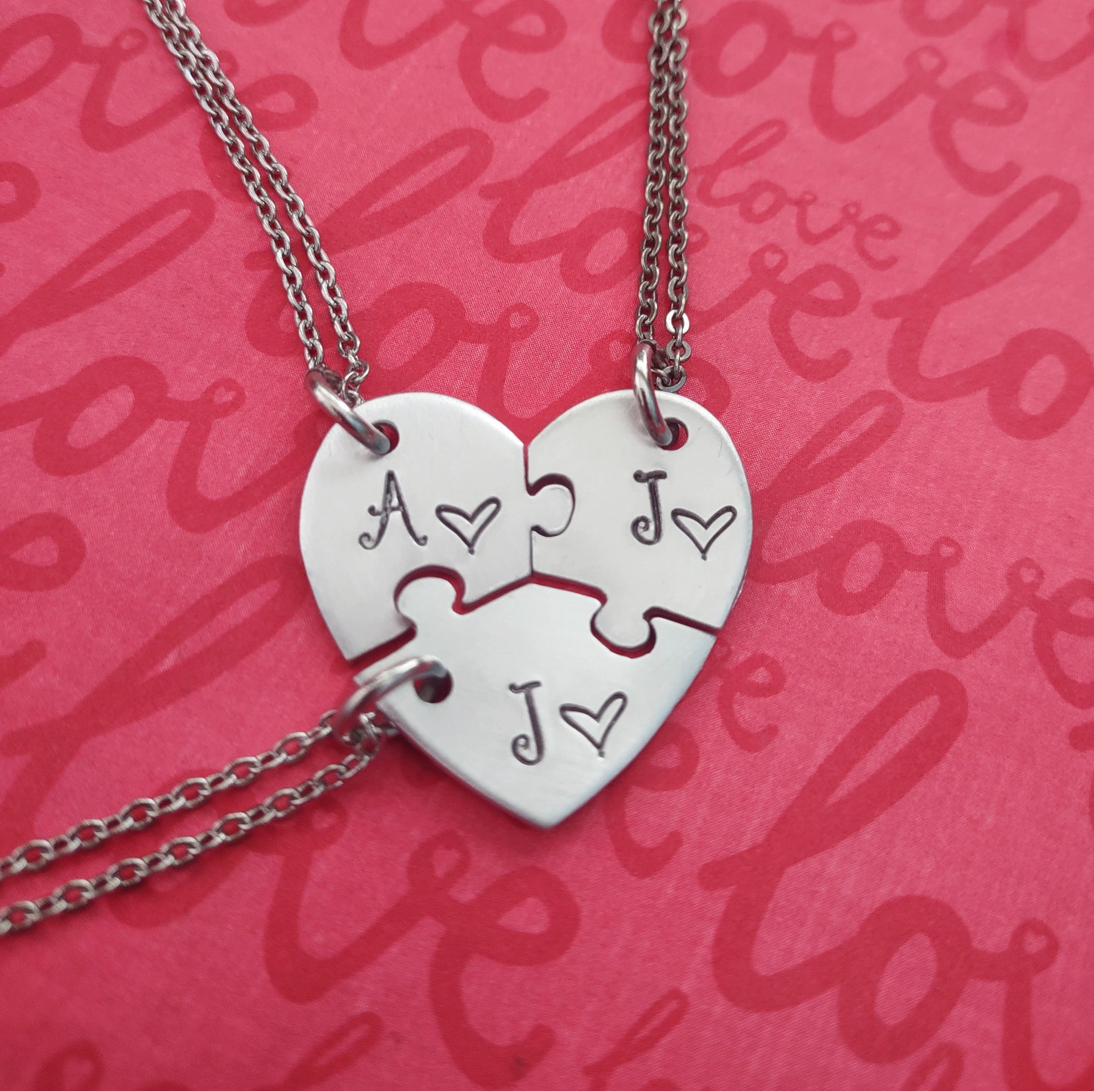 3 Personalized Heart Puzzle Necklace Set Three Piece Heart Etsy