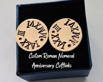 Custom Cufflinks, Wedding Day Gift, Anniversary Gift, Available in Aluminum, Copper or Bronze, Roman Numerals Date, Engraved, Hand stamped