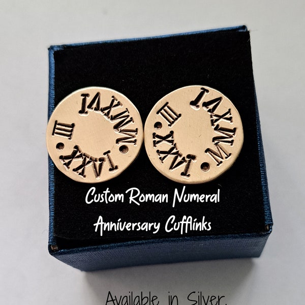 Custom Cufflinks, Wedding Day Gift, Anniversary Gift, Available in Aluminum, Copper or Bronze, Roman Numerals Date, Engraved, Hand stamped