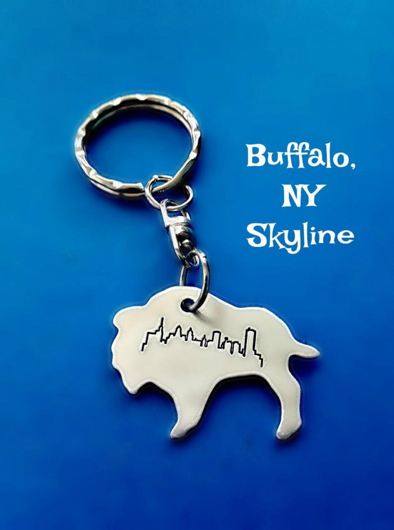 Buffalo New York Skyline Necklace Bison Shaped Keychain, Hand Stamped ...
