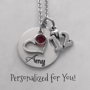 Personalized 12th Birthday Necklace, Swarovski Birthstone, Hand Stamped Jewelry, Stainless Steel, Girl&#39;s Jewelry