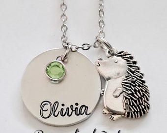 Hedgehog Necklace, Custom Name Necklace, Hand Stamped, Swarovski Birthstone Jewelry, Stainless Steel, Birthday Jewelry Gift Daughter, Niece