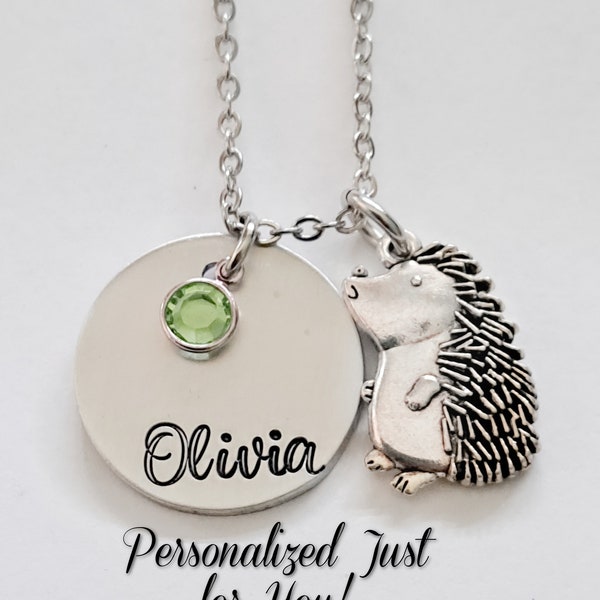 Hedgehog Necklace, Custom Name Necklace, Hand Stamped, Swarovski Birthstone Jewelry, Stainless Steel, Birthday Jewelry Gift Daughter, Niece