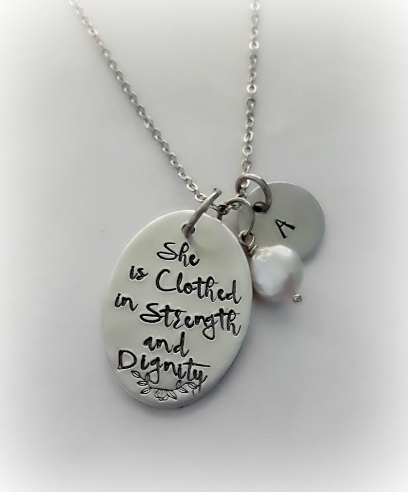 Custom Bible Quote Jewelry Proverbs 31:25 Biblical Verse Quote Jewelry She is Clothed in Strength and Dignity Necklace SCRIPTURE Jewelry