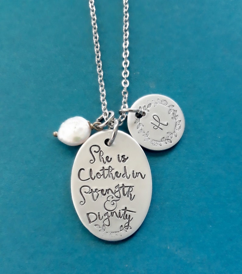 Custom Bible Quote Jewelry Proverbs 31:25 Biblical Verse Quote Jewelry She is Clothed in Strength and Dignity Necklace SCRIPTURE Jewelry