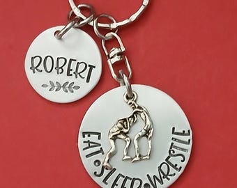 Hand Stamped Wrestling Key Chain, Personalized Handstamped Coach Gift,  Eat, Sleep, Wrestle, Gift for Wrestler, Wrestling Coach Keychain