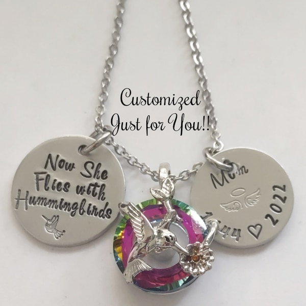 Personalized Crystal Cremation Urn Hummingbird Memorial Pendant Necklace, Now She Flies with Hummingbirds Memorial Necklace, Hand Stamped