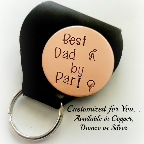 Custom Golf Ball Marker, Gift for Dad, Grandpa, Husband, Hand Stamped Engraved, Golf Ball Marker in Leather Keychain Case, Silver, Copper