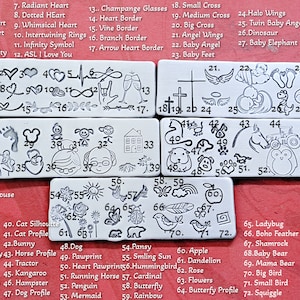 May include: A sheet of metal stamps with various designs, including hearts, animals, and symbols. The stamps are arranged in rows and numbered 1 through 72. The sheet is on a red background.