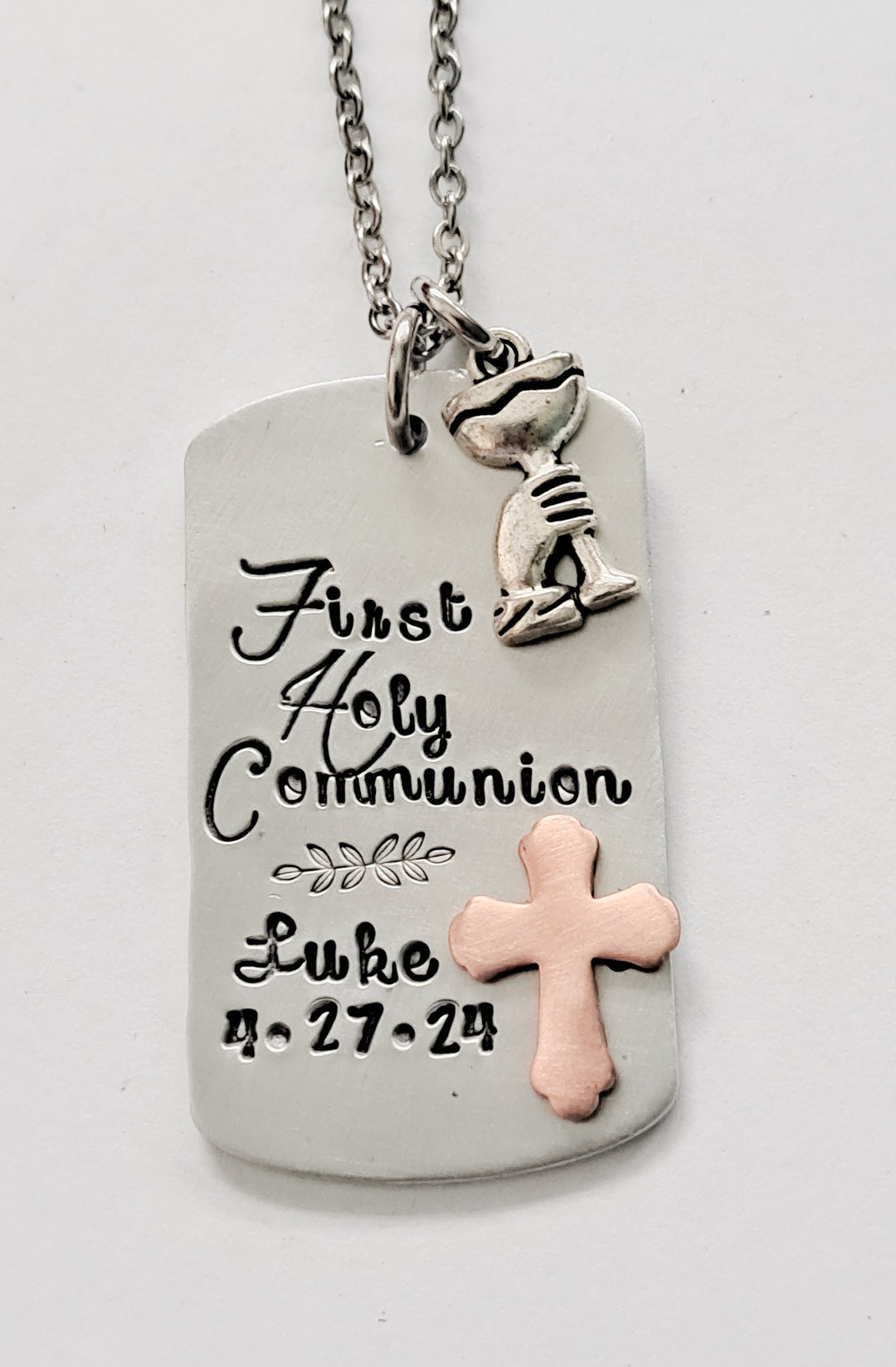 First Communion Chains First Communion Necklace, Unique Mixed Metal Personalized Hand Stamped ...