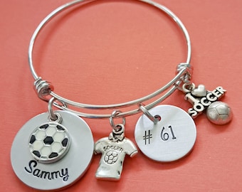 Custom Soccer Charm Bracelet, Soccer Jewelry, Personalized Hand Stamped Name Bracelet, Expandable Stainless Steel Bangle, Engraved