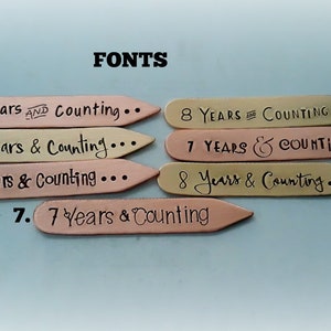 以下が含まれることがあります： 異なるフォントとスタイルの7つの木製看板。看板には「7 Years & Counting」と「8 Years & Counting」と書かれています。