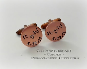 Boutons de manchette en cuivre de 7 ans d'anniversaire, boutons de manchette personnalisés estampillés à la main, cadeau du 7e anniversaire pour lui, cadeau pour le mari, anniversaire de cuivre