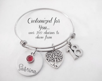18th Birthday Girl, Personalized Charm Bracelet, Hand Stamped Name Birthstone Jewelry, 18 Year Old Daughter Birthday Gift Idea, Custom