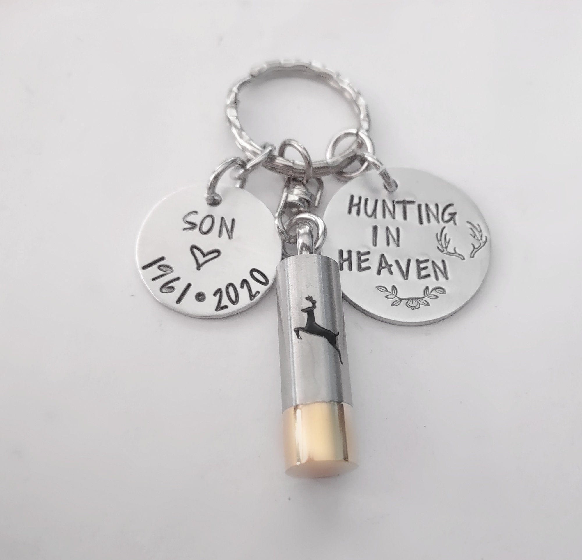 Hunting Memorial Keychain, Hunting in Heaven, Bullet Cremation Urn Key Chain,  Sympathy Gift, Engraved, Memorial for Dad Grandpa Brother 