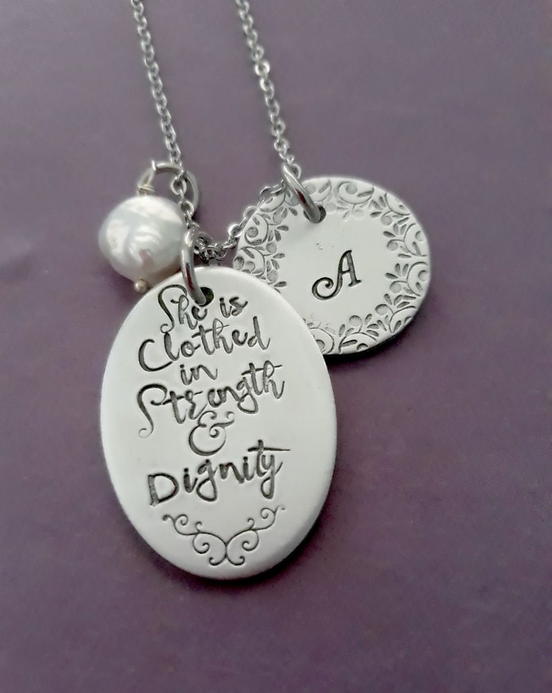 Custom Bible Quote Jewelry Proverbs 31:25 Biblical Verse Quote Jewelry She is Clothed in Strength and Dignity Necklace SCRIPTURE Jewelry