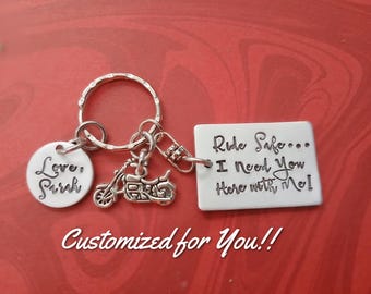 Motorcycle Keychain, Ride Safe. I Need You Here with Me Motorcycle Key Chain, Hand Stamped Biker Gift, Harley Davidson Gift, Ride Safely