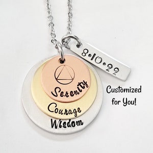 Serenity Prayer AA Recovery Necklace, Hand Stamped Sobriety Gift, Serenity, Courage, Wisdom, Personalized Sponsor Gift, Daily Reminder
