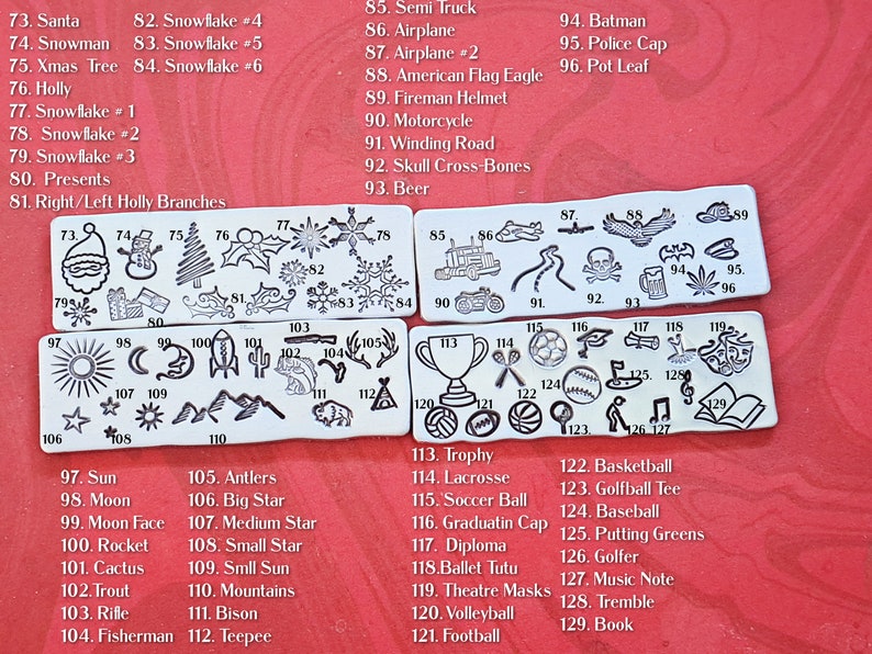 May include: A set of 129 metal stamp designs for crafting. The stamps feature a variety of images, including animals, plants, sports, and holiday themes. The stamps are arranged in rows on a red background.