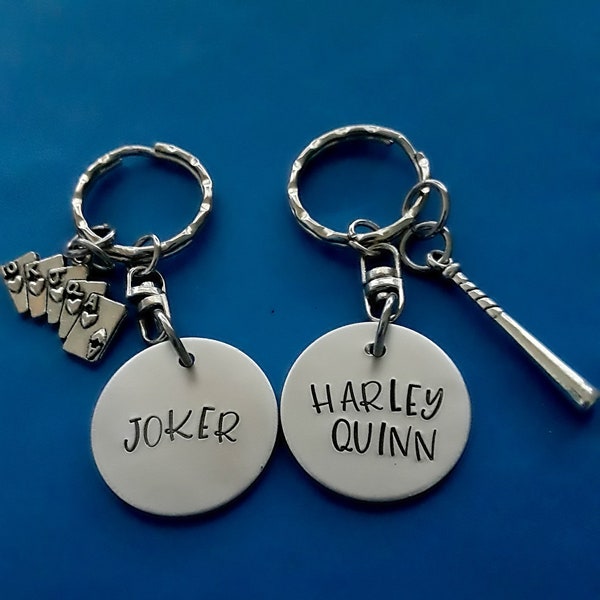 Joker Harley Quinn Keychain Set, Hand Stamped Suicide Squad Keychains, Set of Two Key Chains, Best Friend Friendship Couples Jewelry